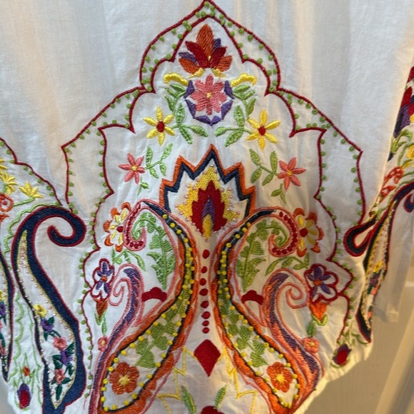 White Embroidered Tunic Mandarin Collar Embroidery 100% Cotton Vacation Cruise - Picture 3 of 7